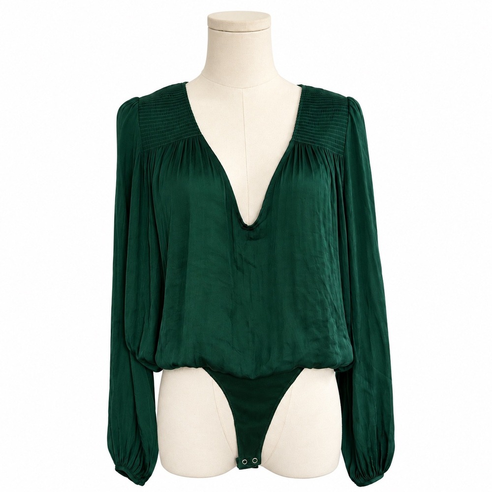 Free People Intimately Smockin N Rockin Bodysuit XS Emerald Forest Fairy Smocked